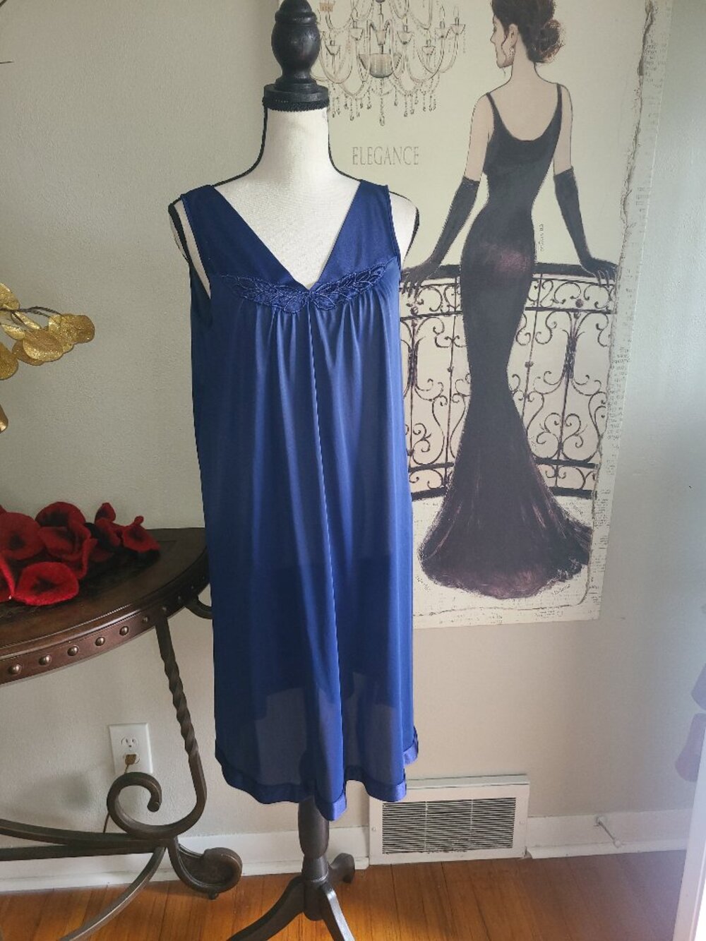 Vassarette VTG Nylon Nightgown Sz M Navy Blue Partial Sheer Embroidered Neckline